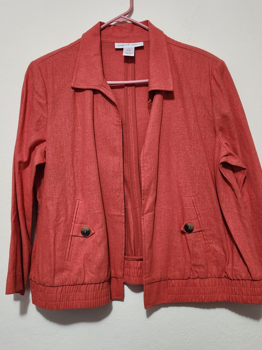 Carole Wren Earthy Coral Cropped Lightweight Linen Coastal Indie Blouson Jacket